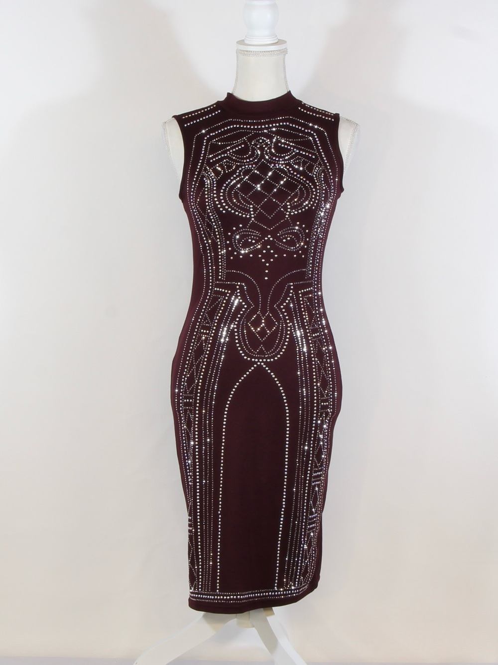 Say What? Maroon Studded Sleeveless Dress Geometric Pattern NWT